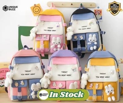 Picture of Cute Multi-Color School Backpack with Plush Toy – 3 in 1 (Backpack + Drawstring Bag + Pencil Pouch)
