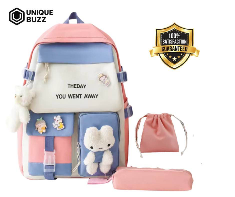 Picture of Cute Multi-Color School Backpack with Plush Toy – 3 in 1 (Backpack + Drawstring Bag + Pencil Pouch)