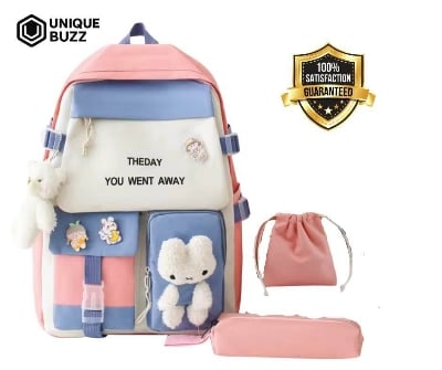 Picture of Cute Multi-Color School Backpack with Plush Toy – 3 in 1 (Backpack + Drawstring Bag + Pencil Pouch)
