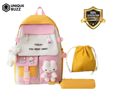 Picture of Cute Multi-Color School Backpack with Plush Toy – 3 in 1 (Backpack + Drawstring Bag + Pencil Pouch)