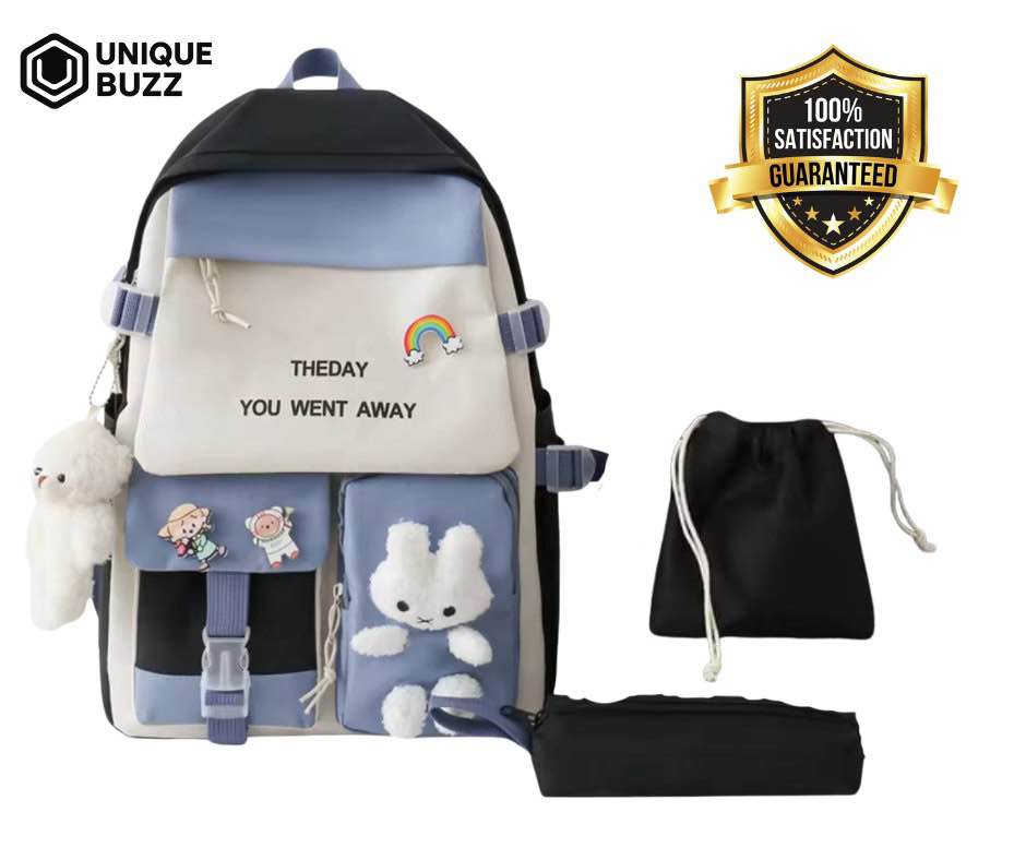 Picture of Cute Multi-Color School Backpack with Plush Toy – 3 in 1 (Backpack + Drawstring Bag + Pencil Pouch)