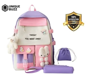 Picture of Cute Multi-Color School Backpack with Plush Toy – 3 in 1 (Backpack + Drawstring Bag + Pencil Pouch)