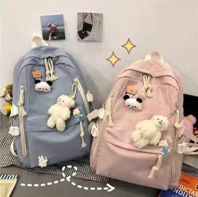 Picture of New Korean Style Cute Girls Backpack – High Quality Schoolbag for High School & College Students with Bear Keychain & Cartoon Pins