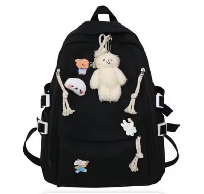 Picture of New Korean Style Cute Girls Backpack – High Quality Schoolbag for High School & College Students with Bear Keychain & Cartoon Pins