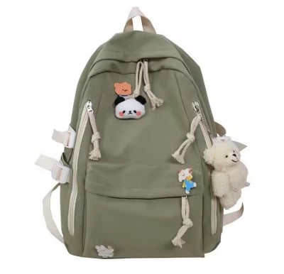 Picture of New Korean Style Cute Girls Backpack – High Quality Schoolbag for High School & College Students with Bear Keychain & Cartoon Pins