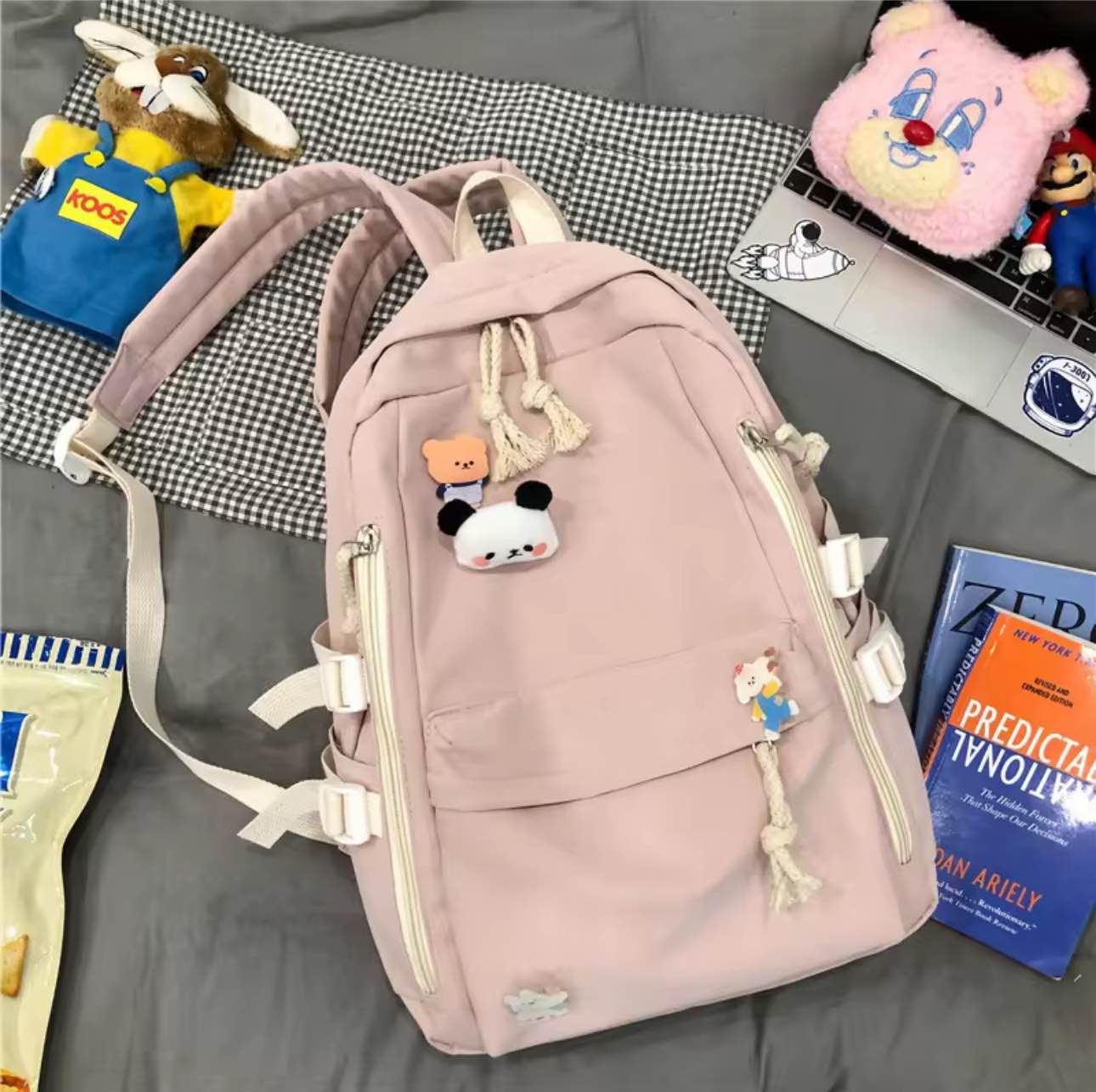 Picture of New Korean Style Cute Girls Backpack – High Quality Schoolbag for High School & College Students with Bear Keychain & Cartoon Pins