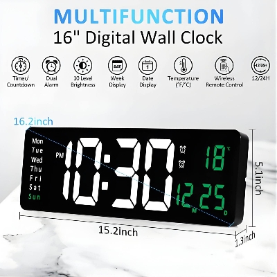 Picture of 16 inh Large LED Digital Wall Clock Remote Control Temp Date Week Display Memory Table Wall-mounted Dual Electronic Alarms Clocks