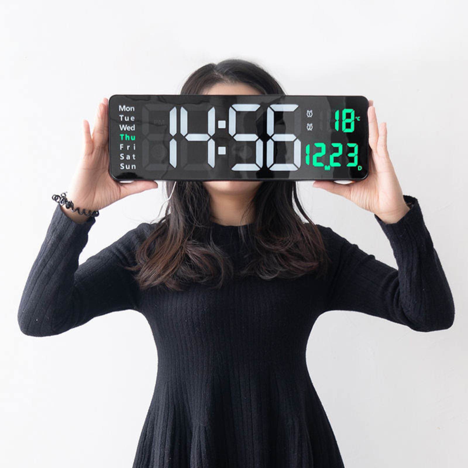 Picture of 16 inh Large LED Digital Wall Clock Remote Control Temp Date Week Display Memory Table Wall-mounted Dual Electronic Alarms Clocks