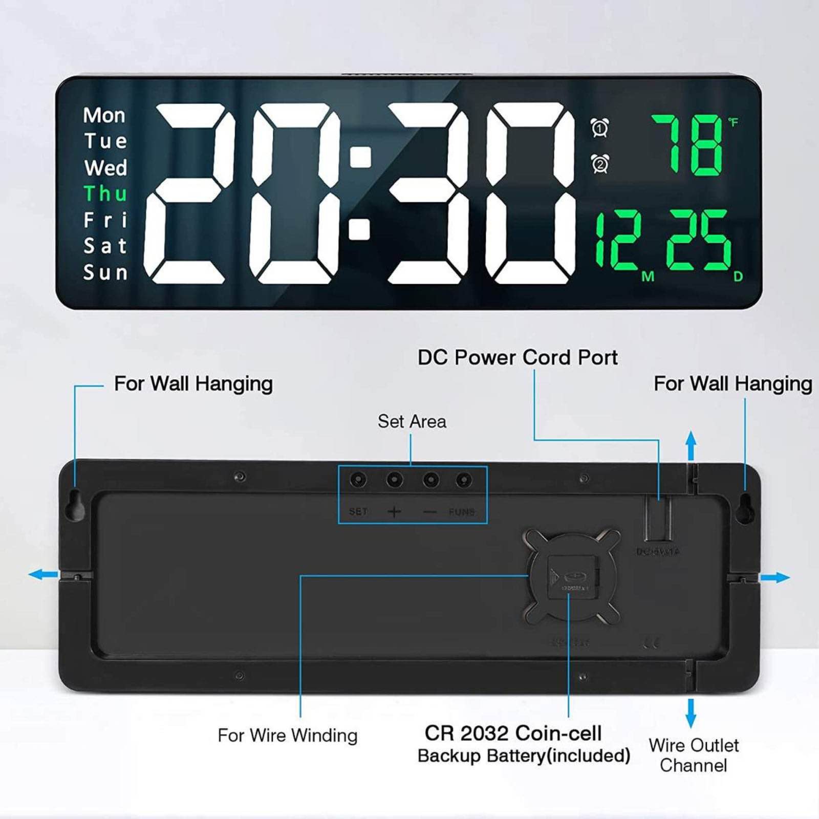 Picture of 16 inh Large LED Digital Wall Clock Remote Control Temp Date Week Display Memory Table Wall-mounted Dual Electronic Alarms Clocks