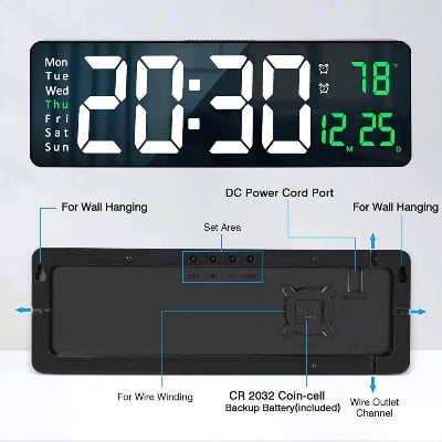 Picture of 16 inh Large LED Digital Wall Clock Remote Control Temp Date Week Display Memory Table Wall-mounted Dual Electronic Alarms Clocks