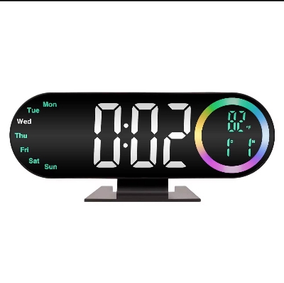 Picture of LED Digital Table Desk Mirror Alarm Clock with Date Week Temperature Display Colorful Ambient Nightlight