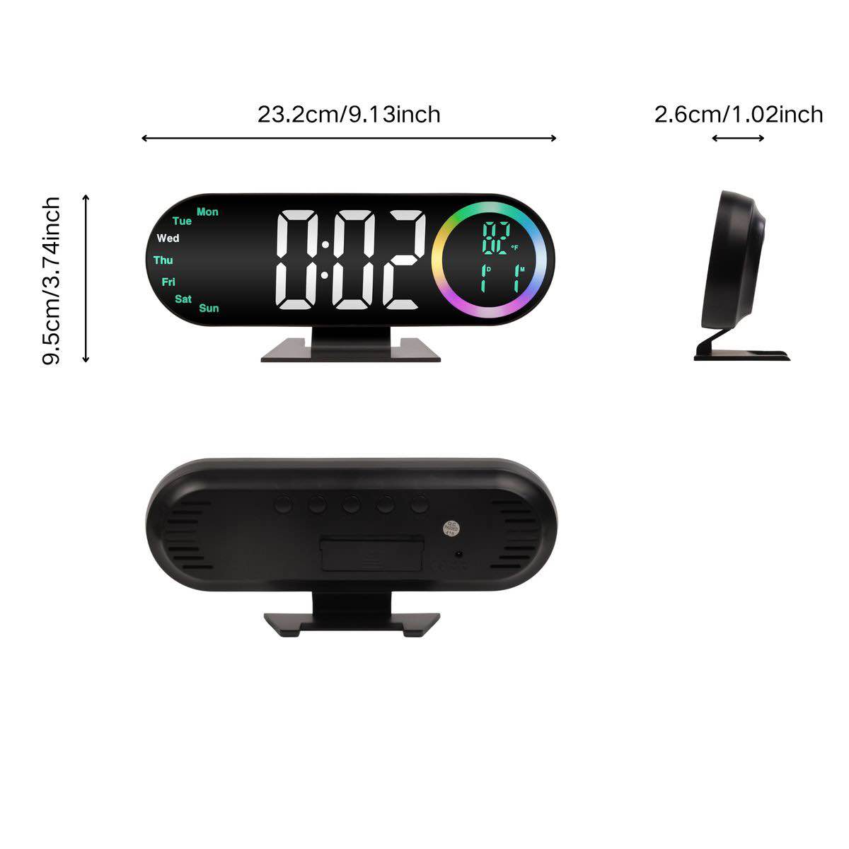 Picture of LED Digital Table Desk Mirror Alarm Clock with Date Week Temperature Display Colorful Ambient Nightlight