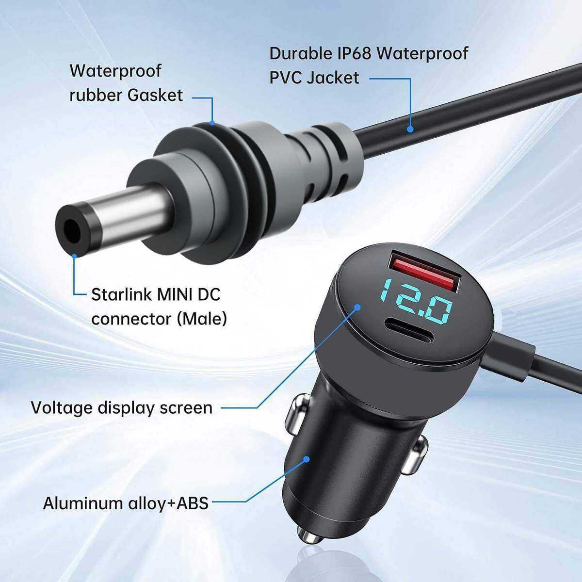 Picture of For Starlink Mini Car Charger DC Power Cable Cigarette Lighter 12V-48V with Digital Display Durable USB-C 140W USB-A 35W Ports