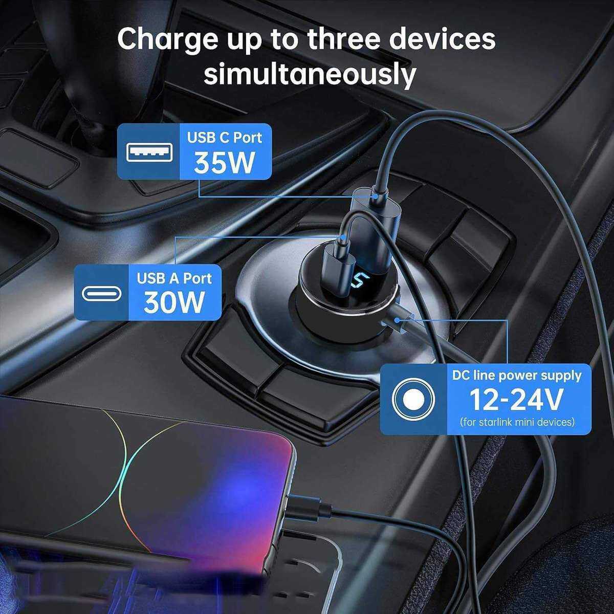 Picture of For Starlink Mini Car Charger DC Power Cable Cigarette Lighter 12V-48V with Digital Display Durable USB-C 140W USB-A 35W Ports
