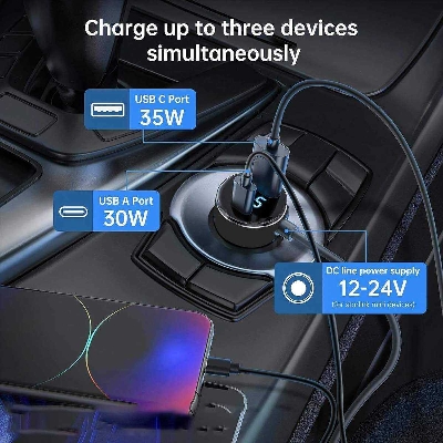Picture of For Starlink Mini Car Charger DC Power Cable Cigarette Lighter 12V-48V with Digital Display Durable USB-C 140W USB-A 35W Ports