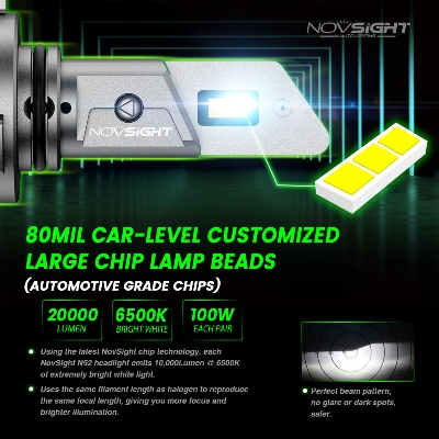 Picture of Novsight N52 LED. 1 Year Warranty (9005 Socket)(2pieces)(100W/ 20000LM per pair)(White 6500K). Most Brightest Powerful LED- For Car only. Authorized Seller In Bangladesh