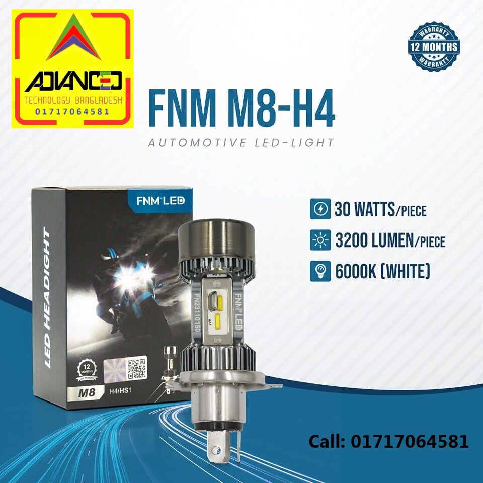 Picture of FNM M8 LED White Light. 1 Year Warranty. (H4 Socket)(1piece)(30W/ 3200LM)(White Light)(High/Low Beam). For Motorcycle. Authorized Seller In Bangladesh