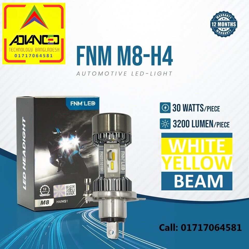 Picture of FNM M8 LED Yellow + White Light. 1 Year Warranty. (H4 Socket)(1piece)(30W/ 3200LM)(Yellow + White Light)(High/Low Beam). For Motorcycle. Authorized Seller In Bangladesh