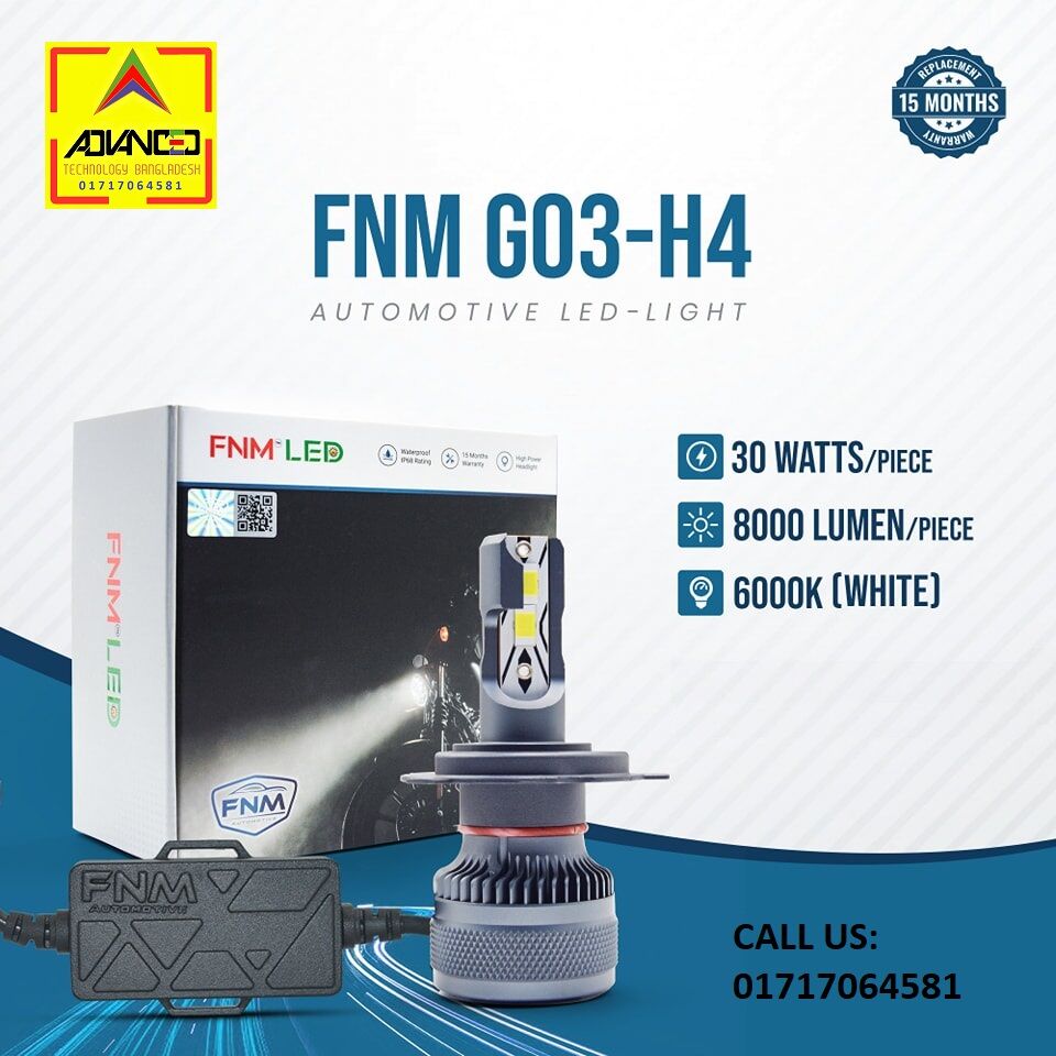 Picture of FNM G03 LED. 1 Year Warranty. (H4 Socket)(1piece)(30W/ 8000LM)(White Light)(High/Low Beam). For Motorcycle. Authorized Seller In Bangladesh
