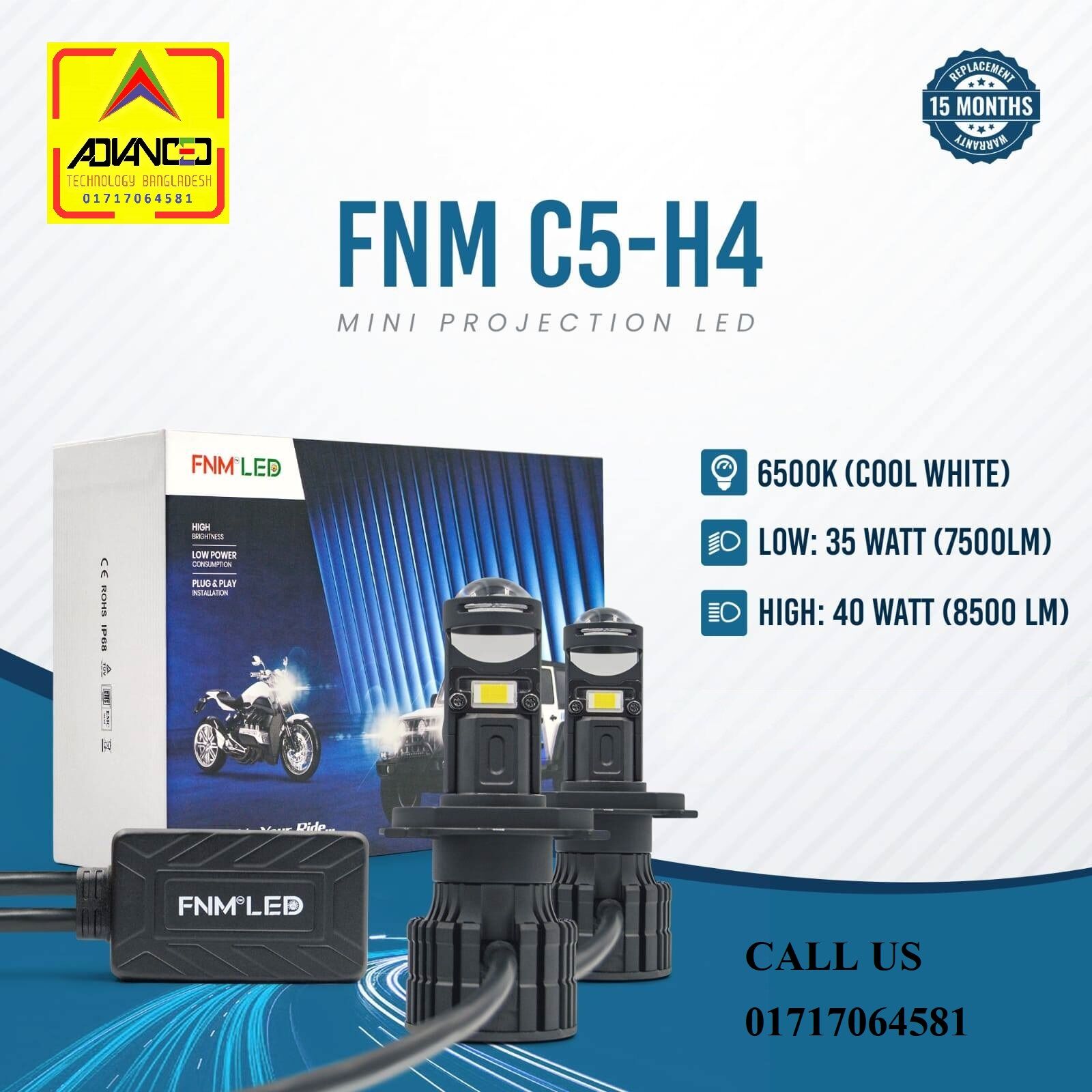 Picture of FNM C5 PROJECTION LED. 1 Year Warranty. (H4 Socket)(1piece)(35W/ 7500LM)(White Light)(High/Low Beam). For Motorcycle. Authorized Seller In Bangladesh