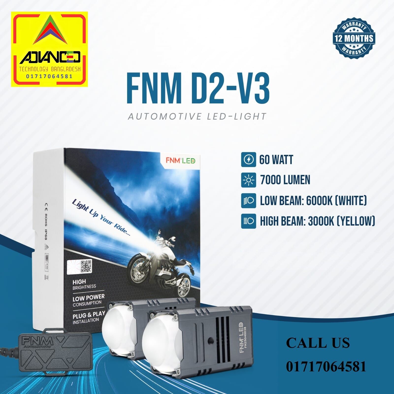 Picture of FNM D2 v3 LED Fog Light (2 pieces). 1 Year Warranty. Brightest Light in Market. (Two Color : White and Yellow)(60W/7000LM per pair)(High/Low Beam). Authorized Seller In Bangladesh