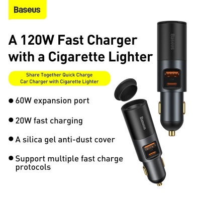 Picture of Baseus Share Together Fast Car Charger Cigarette Lighter Expansion Port U+C 120W-Black