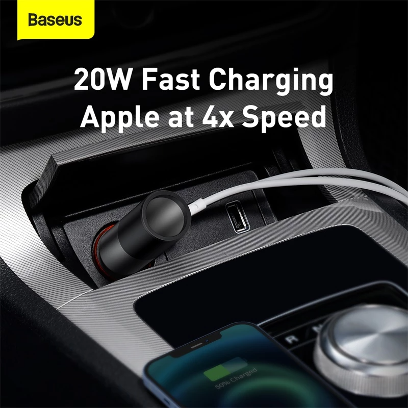 Picture of Baseus Share Together Fast Car Charger Cigarette Lighter Expansion Port U+C 120W-Black