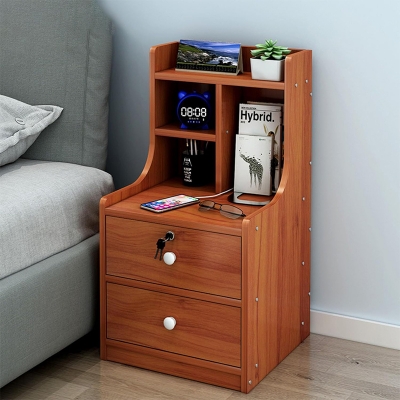 Picture of Furnix MDF M10 Exclusive Bed Side Table With Drawers Shanteak, White and Beige Finish