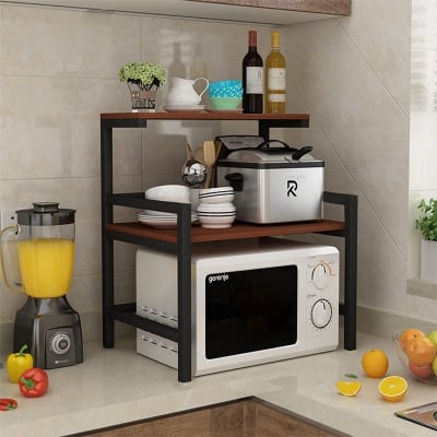Picture of Furnix 3 Layer Microwave Stand (Walnut Brown & Black Pipe, Alloy Steel; Engineered Wood, Tiered Shelf)