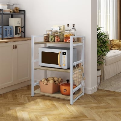 Picture of Furnix 3 Layer Multifunctional Metal Rack Crafted with Engineered Wood & Metal White & Beige Finish