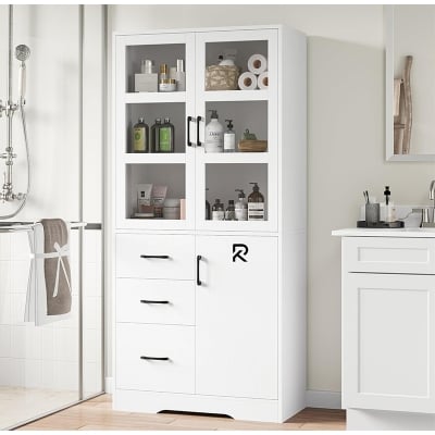 Picture of RK  Storage Cabinet with Glass Display Doors and Shelves, Modern Tall Cabinet with 3 Drawers, Linen Cabinet Freestanding for Bathroom, Pantry, Kitchen and Dining Living Room, White and Black Finish