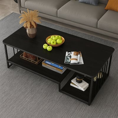 Picture of Furnix Modern Minimalist Coffee Table with Dual Tier Storage Shelves and Metal Frame