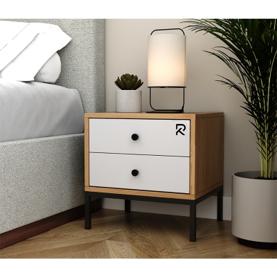 Picture of Furnix Contemporary Nightstand – MDF Laminated Bedside Table with Sleek Metal Frame and 2 Drawers