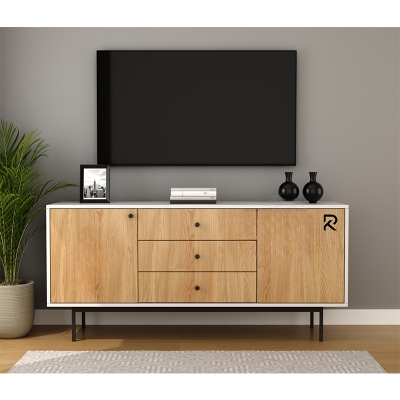 Picture of Furnix Stylish Metal TV Stand with Storage Shelves – Contemporary Wooden Cabinet with 3 Drawers