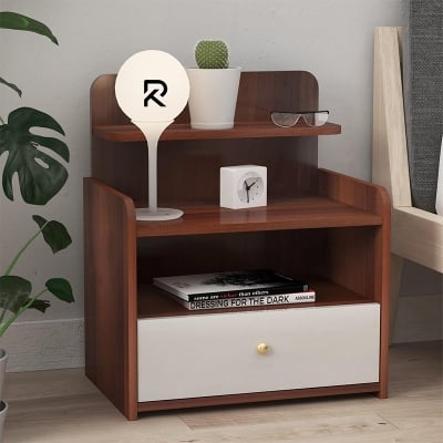 Picture of Furnix Nightstand, Bedside Table with Drawer and 3 Tier Open Storage Shelves-Shan Teak