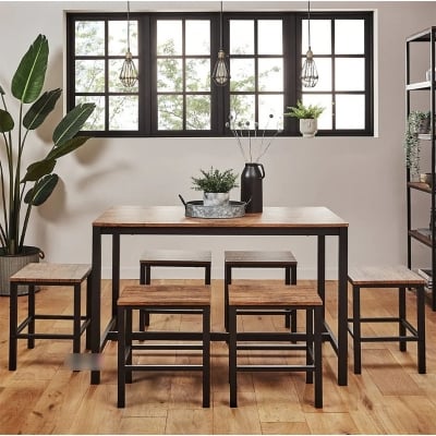 Picture of 6 Seater Dining Table Set – Sheffield Stools with Metal Legs | Modern Dining Furniture-Antique