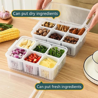 Picture of 6-Compartment Multi-Purpose Kitchen Organizer & Fresh-Keeping Prep Box with Removable Drain Baskets - Multicolor