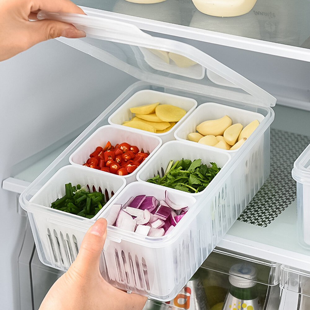 Picture of 6-Compartment Multi-Purpose Kitchen Organizer & Fresh-Keeping Prep Box with Removable Drain Baskets - Multicolor