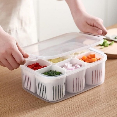 Picture of 6-Compartment Multi-Purpose Kitchen Organizer & Fresh-Keeping Prep Box with Removable Drain Baskets - Multicolor