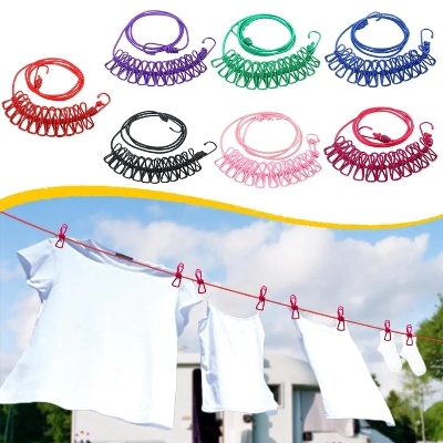 Picture of Portable Multi Functional Drying Rope with 12 Clips and 2 Hooks Durable Portable Outdoor Travel Clothesline Rope Clothes Hanging Hook (Multicolor) - Multicolor
