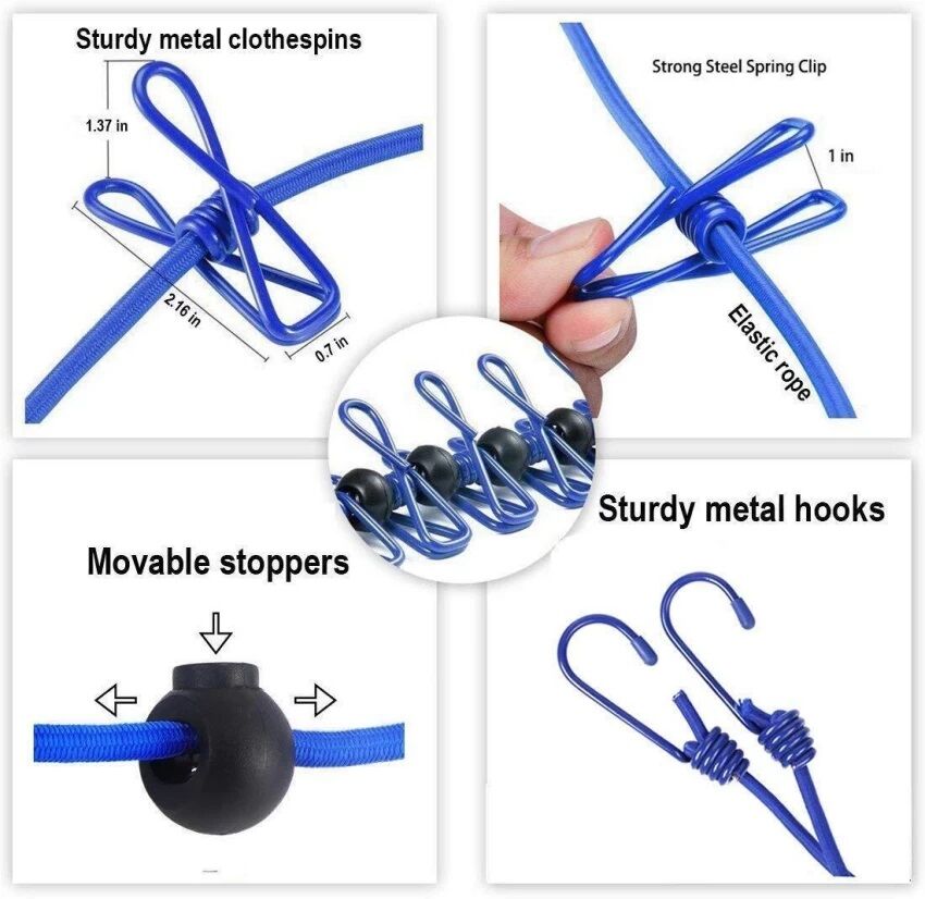 Picture of Portable Multi Functional Drying Rope with 12 Clips and 2 Hooks Durable Portable Outdoor Travel Clothesline Rope Clothes Hanging Hook (Multicolor) - Multicolor