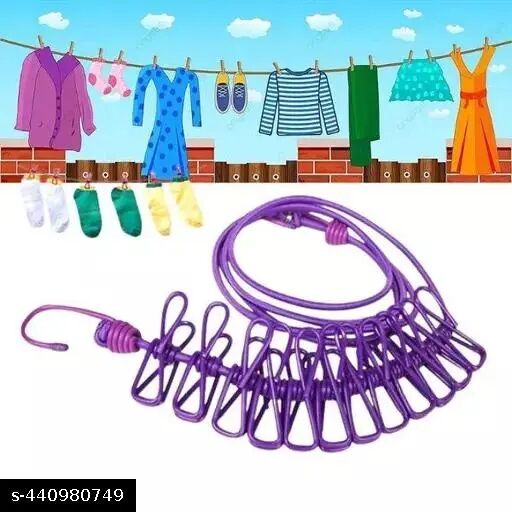 Picture of Portable Multi Functional Drying Rope with 12 Clips and 2 Hooks Durable Portable Outdoor Travel Clothesline Rope Clothes Hanging Hook (Multicolor) - Multicolor