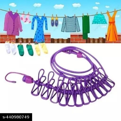 Picture of Portable Multi Functional Drying Rope with 12 Clips and 2 Hooks Durable Portable Outdoor Travel Clothesline Rope Clothes Hanging Hook (Multicolor) - Multicolor
