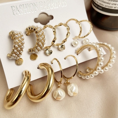 Picture of Whimsical Indispensable -Quality And Durablity -9 Pairs Big Hoop Pearl Earring Set Earrings for Women Ear ring Ladies- Innovative Gold 36 MM