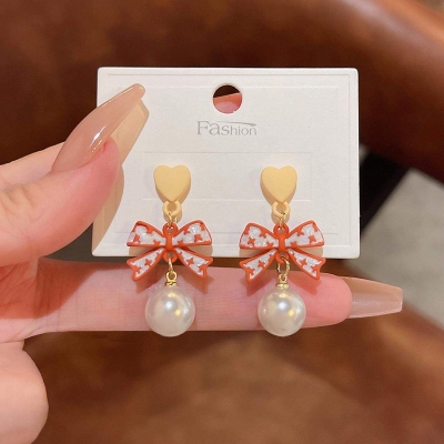 Picture of Red Tie White Stone Dangle Earrings for Women Full Rhinestone  Earrings Korean Fashion Cute Jewelry Red 15 MM
