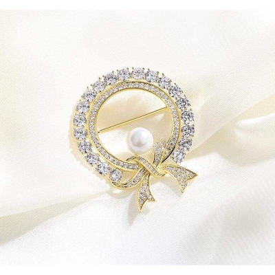 Picture of Bowknot a Pearl brooch Hijab Safety Pin For Girls Women Gold 