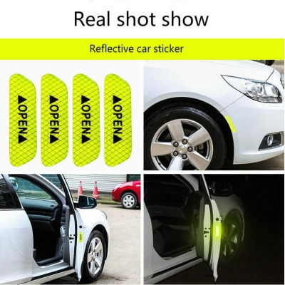 Picture of 4Pcs Set Car Door Stickers Universal Safety Warning Mark OPEN High Reflective Tape Motorcycle Bike Helmet Sticker  