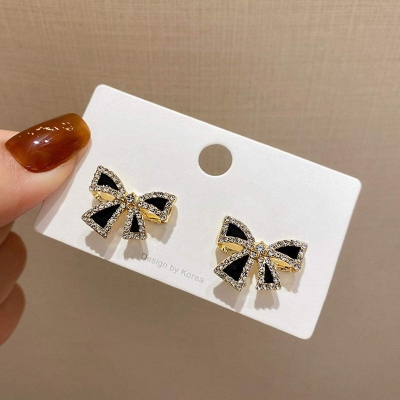 Picture of Black Tie Dangle Earrings for Women Full Rhinestone  Earrings Korean Fashion Cute Jewelry Black 20 MM