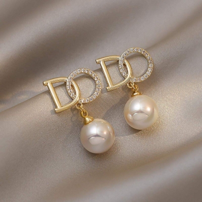 Picture of Simple DO Dangle Earrings for Women with Full Rhinestone Detailing, Simulated Pearl and Zinc Alloy Material, Trendy Drop Earrings, Champagne Color, Fashion Jewelry for Parties, Weddings, and Special Occasions Gold 20 MM