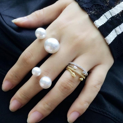 Picture of Korean Style Adjustable Pearl Ring for Women Silver Geometric Design  